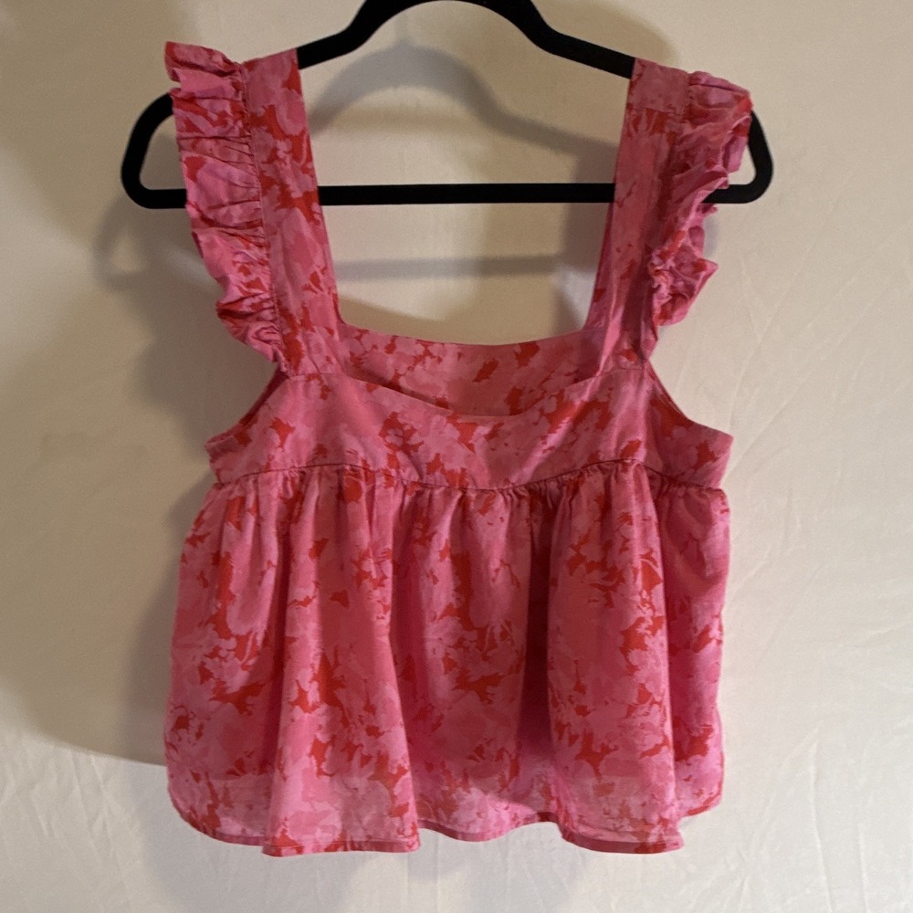 KARLI Women's M Pink/Red Floral Square Neck Ruffle Strap Sleeveless Woven Top